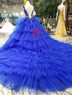 Royal Blue V-neck Tulle Appliques Cold Shoulder Puff Sleeve Wedding Dress