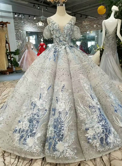 Silver Gray Sequins V-neck Backless Puff Sleeve Appliques Wedding Dress