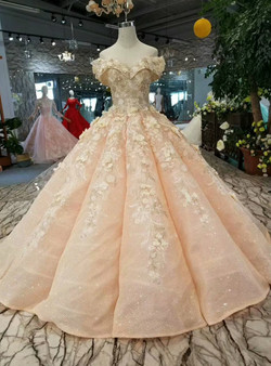 Pink Ball Gown Sequins Off The Shoulder Appliques Wedding Dress