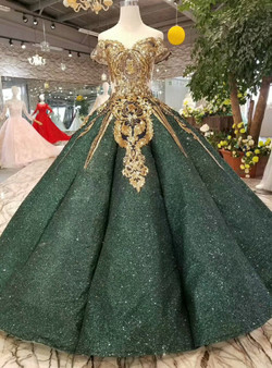 Green Ball Gown Sequins Gold Appliques Off The Shoulder Wedding Dress