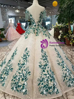 Champagne Sequins Green Embroidery Appliques Cap Sleeve Wedding Dress