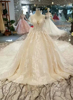 Light Champagne Sequins Off The Shoulder Appliques Wedding Dress With Long Train