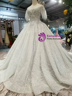 Silver Gray Sequins Bateau Neck Butterfly Sleeve Wedding Dress With Appliques