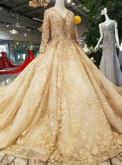 Champagne Gold Tulle Lace V-neck Long Sleeve Beading Wedding Dress
