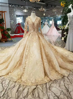 Champagne Gold Tulle Lace V-neck Long Sleeve Beading Wedding Dress