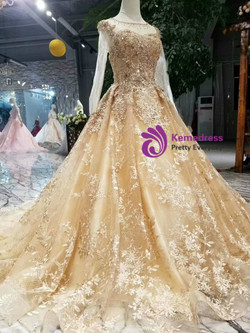 Champagne Gold Ball Gown Lace Long Sleeve Wedding Dress With Litter Train