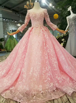 Pink Lace Appliques Long Sleeve Scoop Neck Wedding Dress With Beading