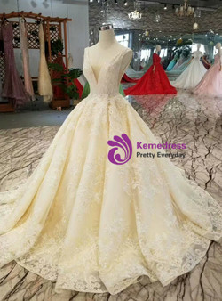 Light Champagne Lace Appliques V-neck Backless Wedding Dress With Beading