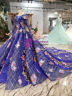 Blue Sequins Long Sleeve Embroidery Appliques Wedding Dress With Beading