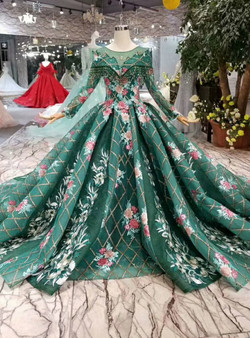 Green Sequins Long Sleeve Embroidery Appliques Wedding Dress With Beading