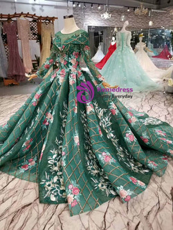 Green Sequins Long Sleeve Embroidery Appliques Wedding Dress With Beading