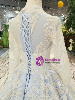Blue Lace Sequins High Neck Long SLeeve Wedding Dress With Beading