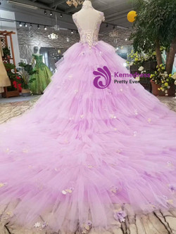 Purple Tulle High Neck Corset Backless Appliqeus Wedding Dress With Long Train