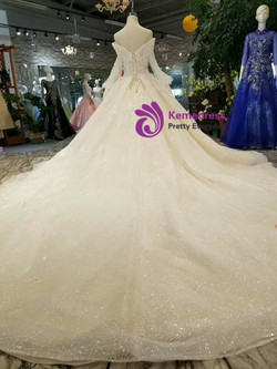 Light Champagne Sequins Appliques Long Sleeve off The Shoulder Wedding Dress With Long Train