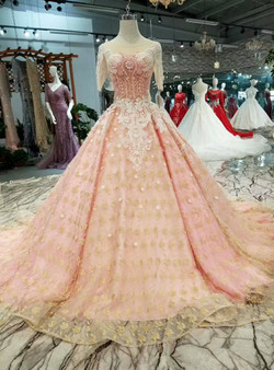 Pink Ball Gown Gold Lace Appliques Short Sleeve Backless Wedding Dress