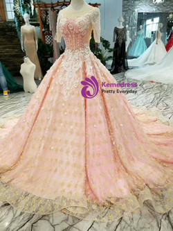 Pink Ball Gown Gold Lace Appliques Short Sleeve Backless Wedding Dress