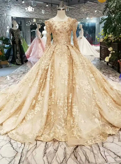 Champagne Gold Lace Ball Gown Long Sleeve Wedding Dress With Long Train