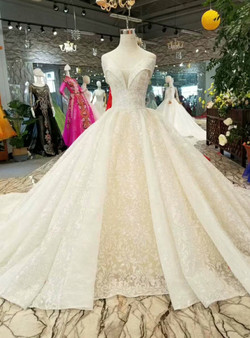 Light Champagne Sequins Tulle Off The Shoulder Wedding Dress With Long Train