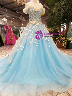 Ball Gown Blue Tulle White Appliques Off The Shoulder Wedding Dress