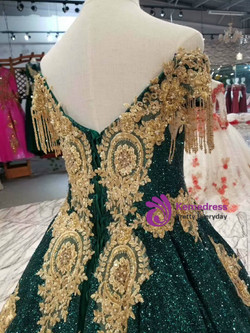 Green Sequins Gold Lace Appliques Off The Shoulder Wedding Dress With Beading