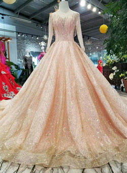 Pink Ball Gown Tulle Sequins Long Sleeve Wedding Dress With Beading