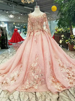 Pink Lace Appliques Sequins Long Sleeve Wedding Dress With Little Train