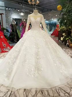 Light Champagne Tulle Appliques Long Sleeve Wedding Dress With Beading