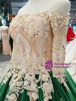 Green Tulle Champagne Lace Appliques Off The Shoulder Short Sleeve Wedding Dress