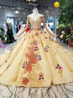 Champagne Ball Gown Embroidery Appliques Off The Shoulder Wedding Dress With Detachable Train