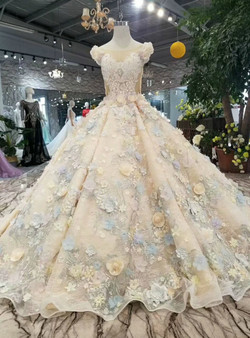 Champagne Ball Gown Bateau Hand Flower Wedding Dress With Appliques