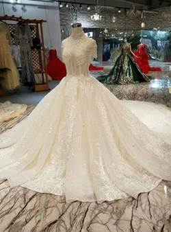 Light Champagne Tulle Sequins Lace Appliques High Neck Backless Wedding Dress