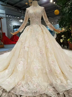 Light Champagne High Neck Long Sleeve Embroidery Appliques Wedding Dress