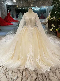 Light Champagne Square Tulle Sequins Beaing Backless Wedding Dress With Long Train
