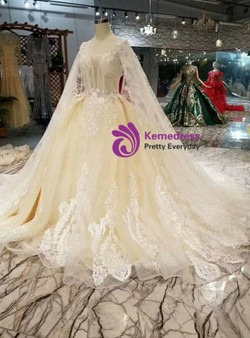 Light Champagne Square Tulle Sequins Beaing Backless Wedding Dress With Long Train