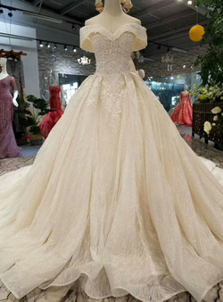 Champagne Ball Gown Tulle Sequins Off The Shoulder Wedding Dress With Train