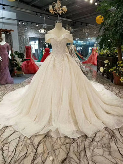 Champagne Ball Gown Tulle Sequins Off The Shoulder Wedding Dress With Train