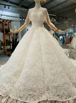 Ball Gown Lace High Neck Long Sleeve Wedding Dress With Long Train