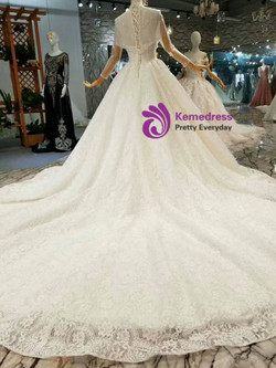 Ball Gown Lace High Neck Long Sleeve Wedding Dress With Long Train
