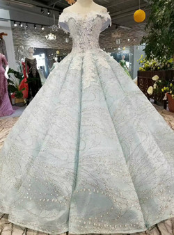 Blue Ball Gown Sequins White Lace Appliques Off The Shoulder Wedding Dress