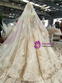 Gold Ball Gown Sequins Lace Appliques off The Shoulder Wedding Dress