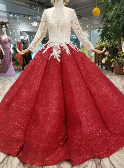 Red Ball Gown Sequins Long Sleeve Lace Appliques Wedding Dress