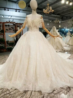 Champagne Ball Gown Sequins Appliques Off The Shoulder Wedding Dress