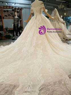 Champagne Ball Gown Sequins Appliques Off The Shoulder Wedding Dress