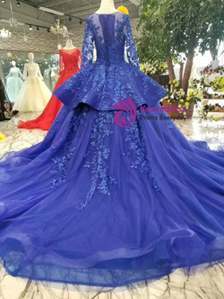 Blue Ball Gown Tulle Appliques Long Sleeve Wedding Dress