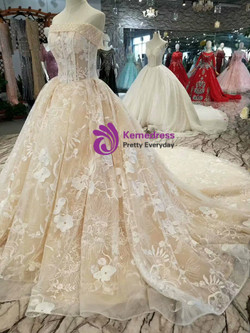 Champagne Ball Gown Lace Strapless Beading Wedding Dress With Train