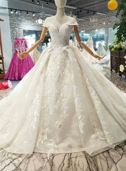 Ball Gown Lace Appliques Off The Shoulder Wedding Dress With Train