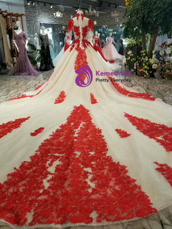 Champagne Bal Gown Tulle Red Lace Appliques High Neck Long Sleeve Wedding Dress