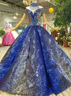 Ball Gown Blue Sequins Off The Shoulder Floor Length Wedding Dress