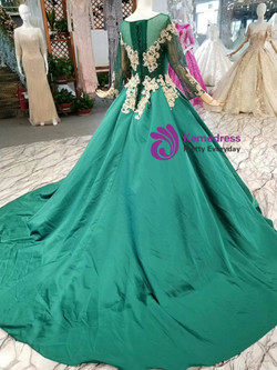 Green Ball Gown Satin Appliques Long Sleeve Wedding Dress With Beading