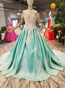 Blue Ball Gown Satin Lace Appliques Off The Shoulder Wedding Dress